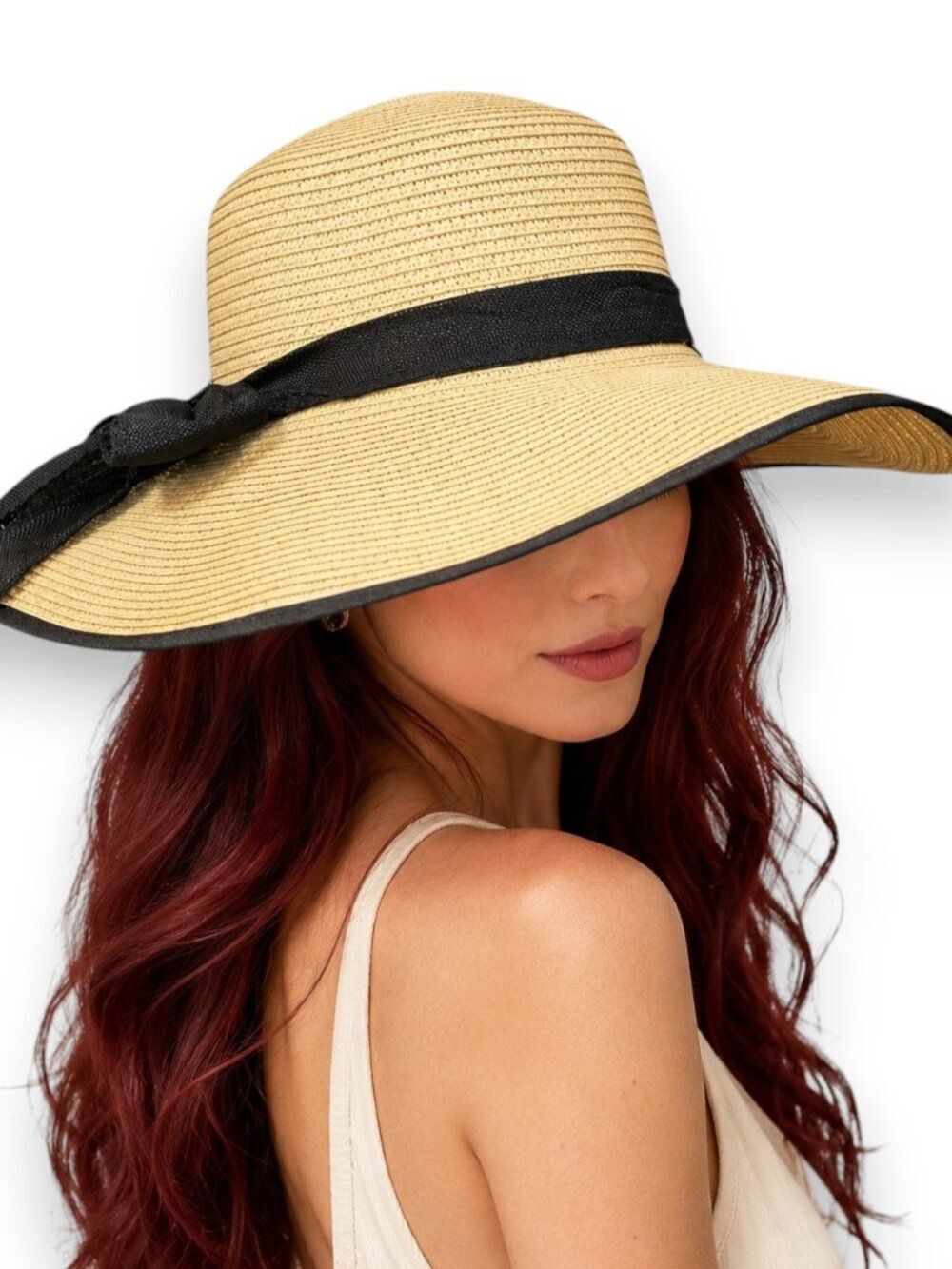 Oversized Brim Black Bow Summer Beach Straw Hat OS NWT